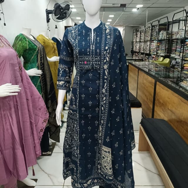Navy blue and cream Kurta with dupatta