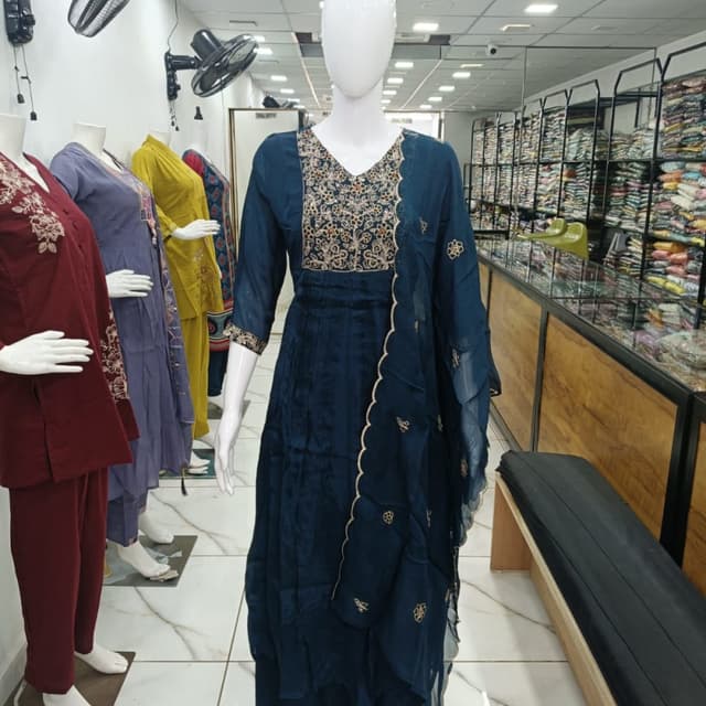 Teal, Gold Anarkali Suit with Dupatta