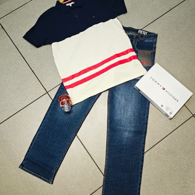 Navy blue, White, Red Polo shirt, Jeans