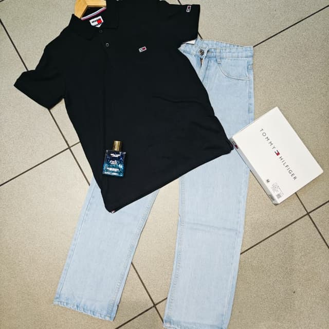 Black and Light Blue Polo Shirt and Jeans