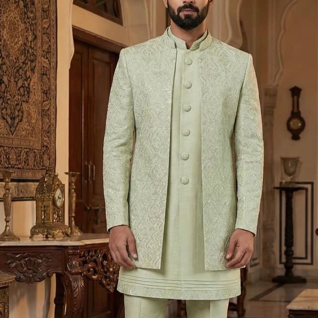 Light Green Jacket, Kurta, and Pants Set