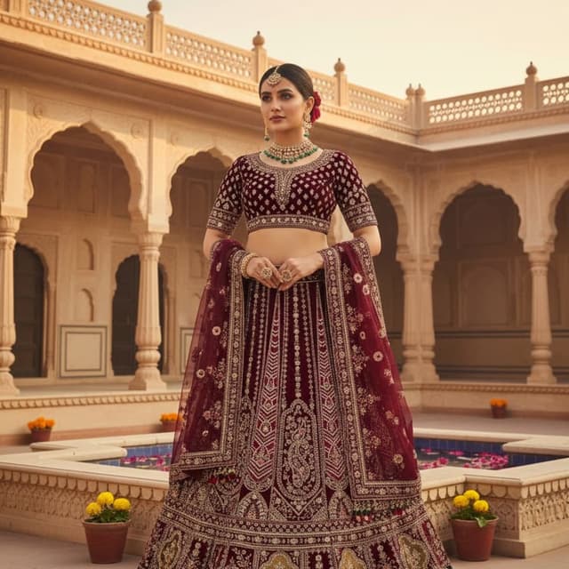 Maroon, Gold, and touches of Green Lehenga Choli