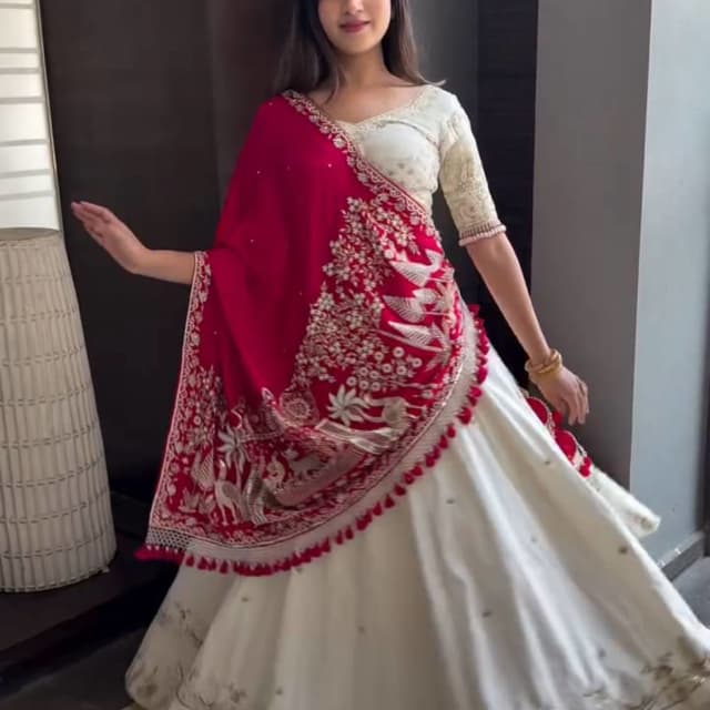 Red, White, Gold Lehenga Choli
