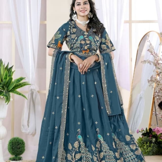 Teal, Gold, Green, Orange Lehenga Choli