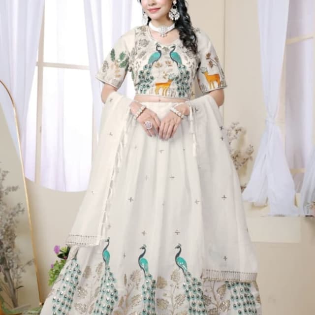 Ivory, Teal, Gold, and Orange Lehenga Choli