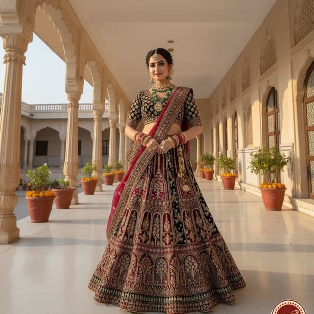 Maroon, Black, Gold, Green Lehenga Choli