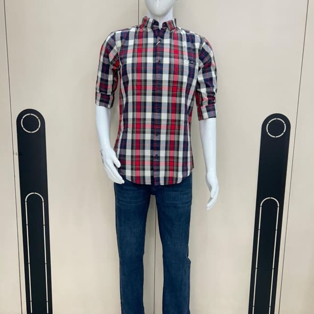 Red, White, Black, and Blue plaid Shirt & Jeans