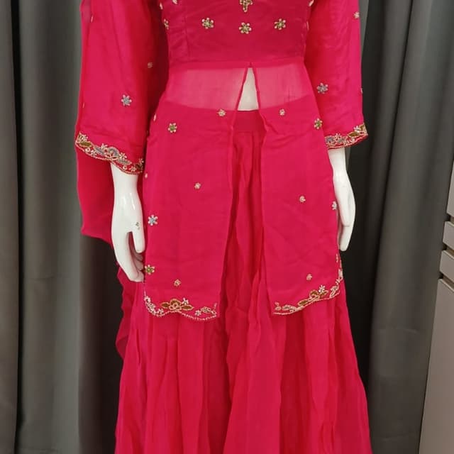 Hot Pink with Gold and Multicolor Embroidery Sharara Suit