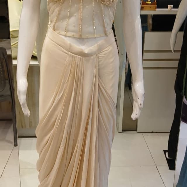 Ivory and Gold Draped Skirt and Crop Top Set