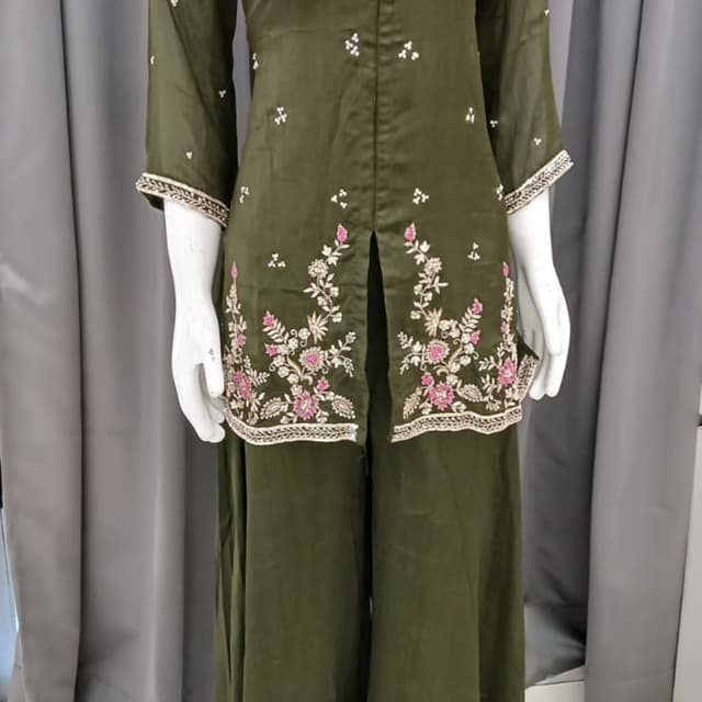 Olive Green, Pink, White Kurta with Palazzo Pants