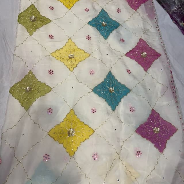 Ivory/Cream base with yellow, green, teal and magenta accents Dupatta/Scarf