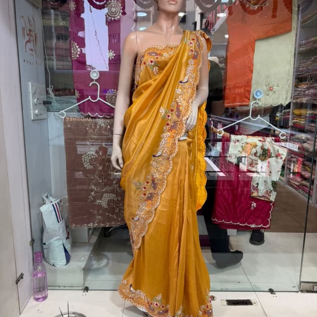 Mustard Yellow, with multicolor embroidery Saree