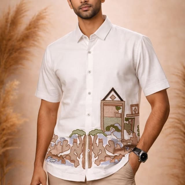 White, Beige, Brown, Green, Blue Shirt