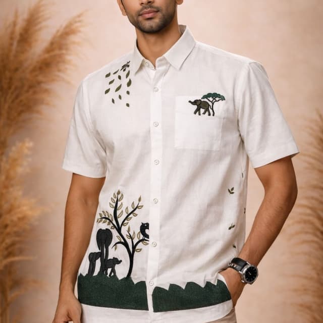 White, Green, Black, Beige Shirt