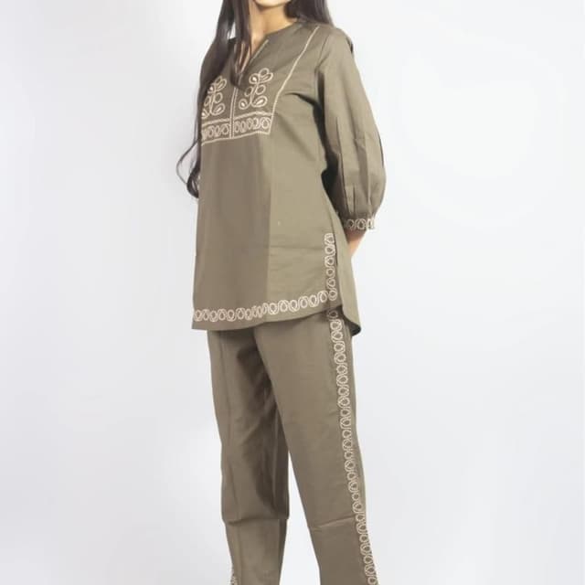 Olive Green and Off-White Kurta and Pant Set