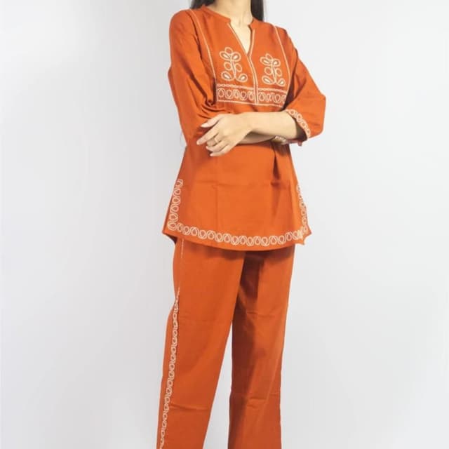 Orange and White Kurta and Pant Set