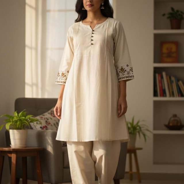 Off-white with hints of brown and gold Kurta and Pants Set