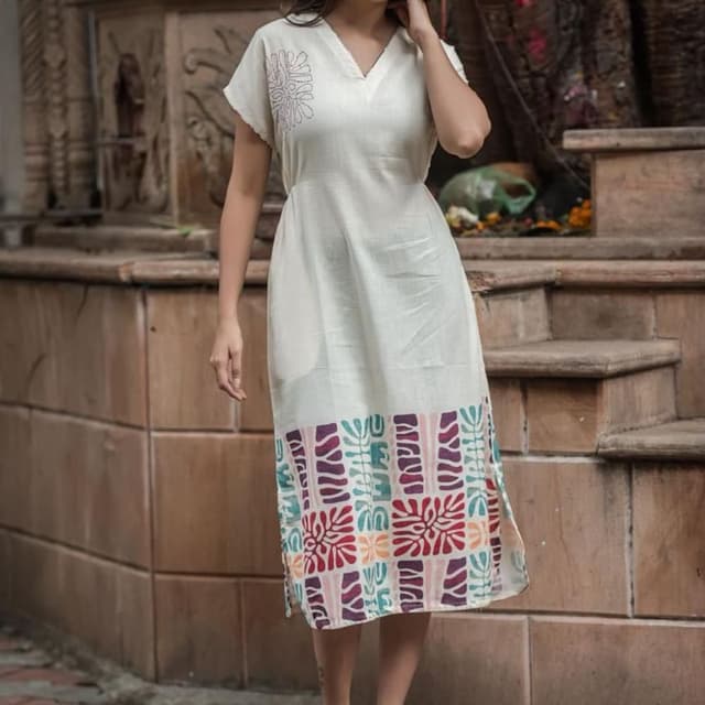 Ivory white, with a colorful patterned hem featuring shades of red, purple, green, and orange. Dress