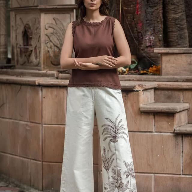 Brown and Off-White Top and Trousers
