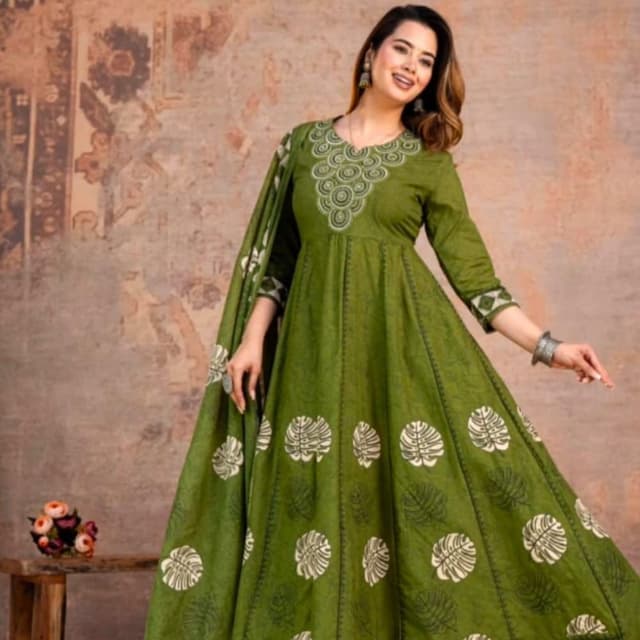 Green and White Anarkali Suit