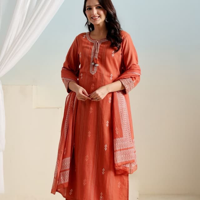 Terracotta and White Kurta with Palazzo and Dupatta