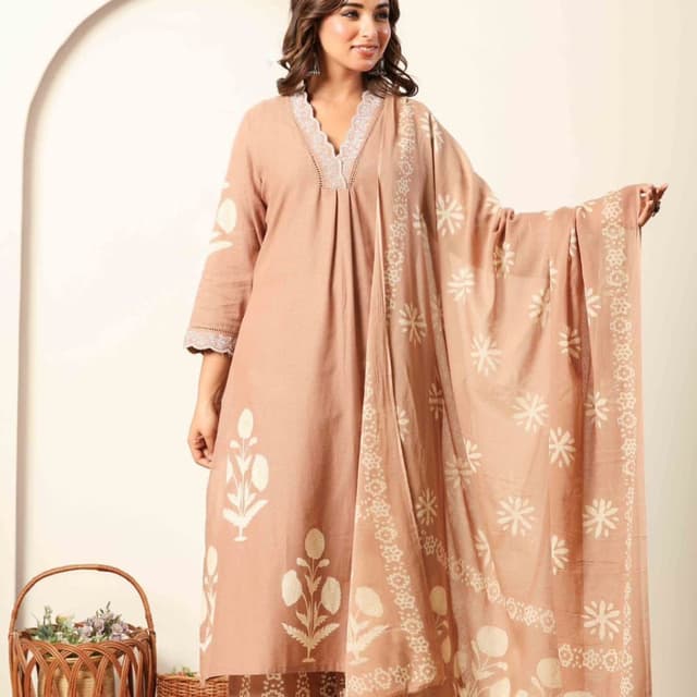 Earthy tones, with a base of a muted reddish-brown and contrasting ivory/cream. Kurta Set with Dupatta