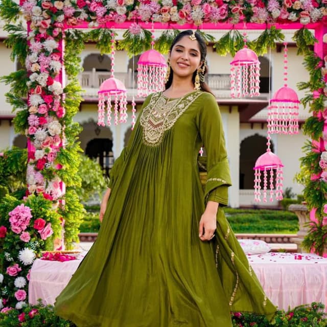 Olive Green and Gold Anarkali Suit