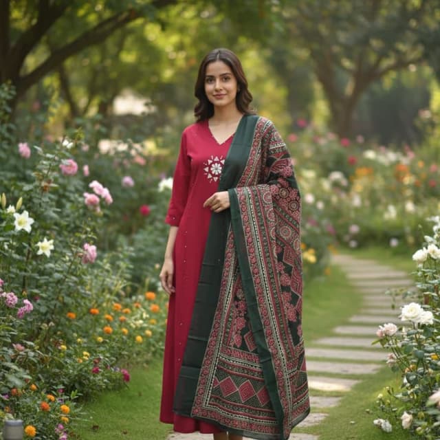 Burgundy, Dark Green, Red, Black, White Kurta Set with Dupatta