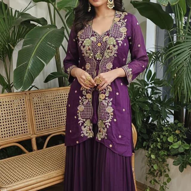 Purple, Gold, Green Sharara Set