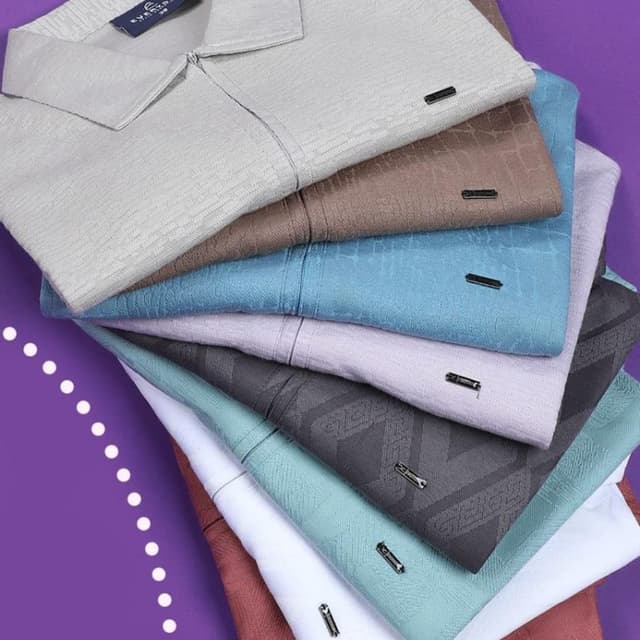 Variety of pastel shades: light grey, brown, blue, lavender, grey, turquoise, white, and maroon. Shirts