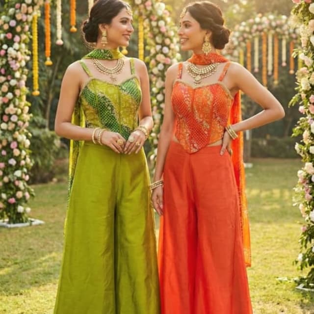 Green and Orange Kurta and Palazzo Set