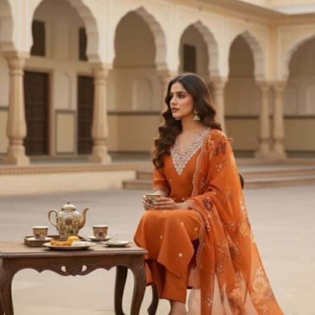 Orange and White Kurta with Pant and Dupatta