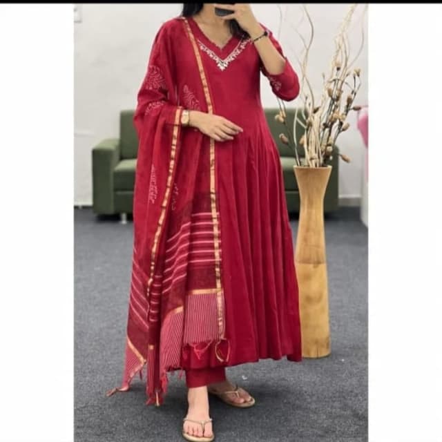 Red, Gold, White Anarkali Suit Set