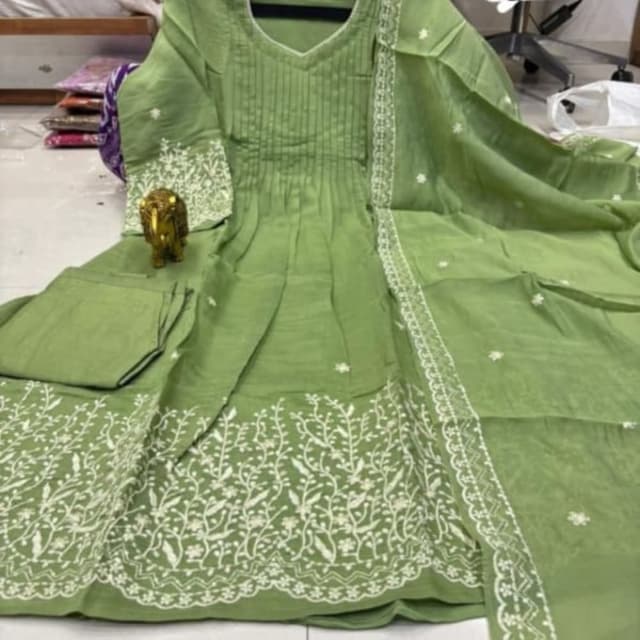 Green and White Anarkali Suit