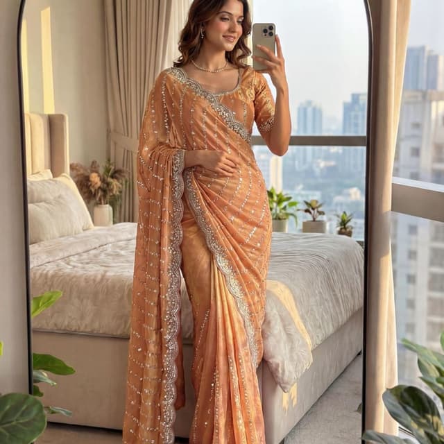 Peach, Silver Saree