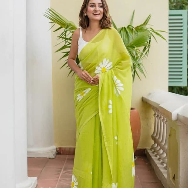 Lime green and White Saree