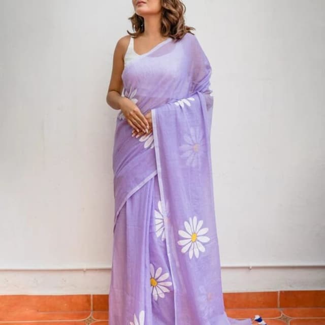 Lavender, White, Yellow, Blue Saree
