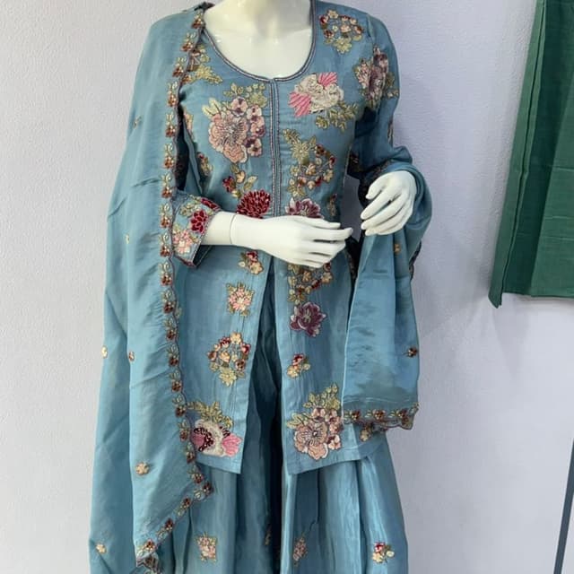 Blue with multicolor floral embroidery Sharara Suit with Dupatta