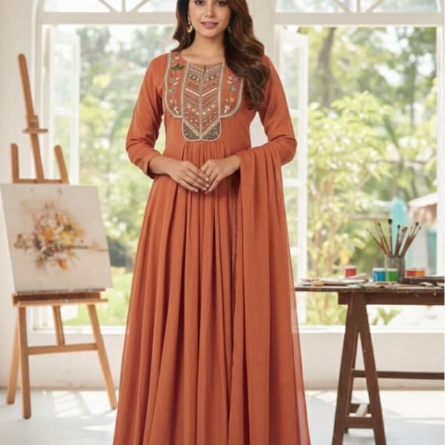 Terracotta orange with hints of beige and brown in the embroidery Anarkali Gown with a matching dupatta