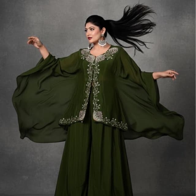 Olive Green, Silver Jacket, Wide-leg Pants, Cape