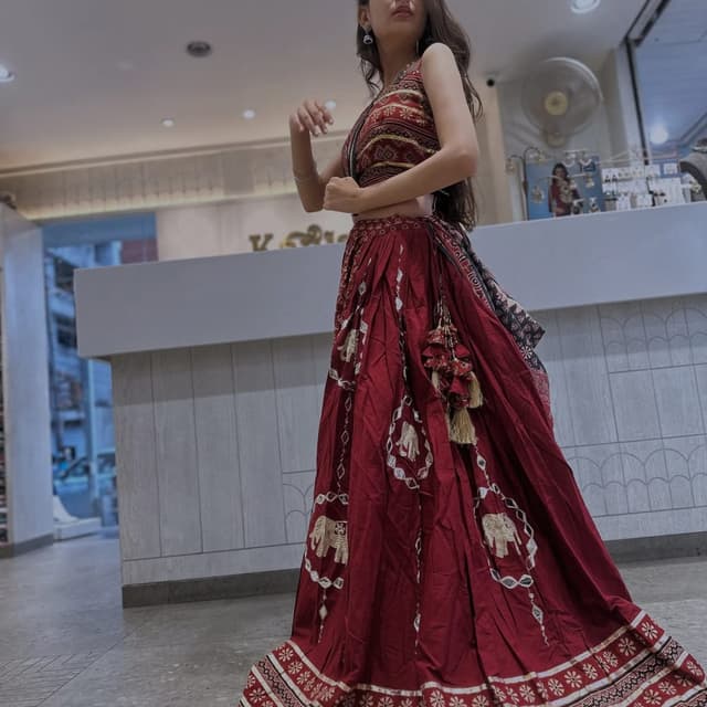 Maroon, Gold, and Off-White Lehenga Choli