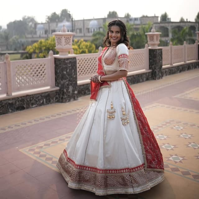 Red, White, Gold Lehenga Choli