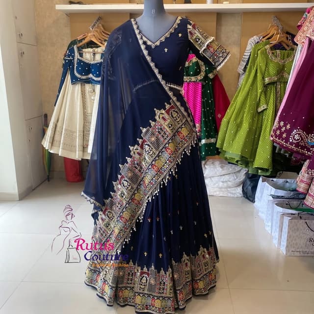 Navy Blue, with multicolored embroidery accents Lehenga Choli