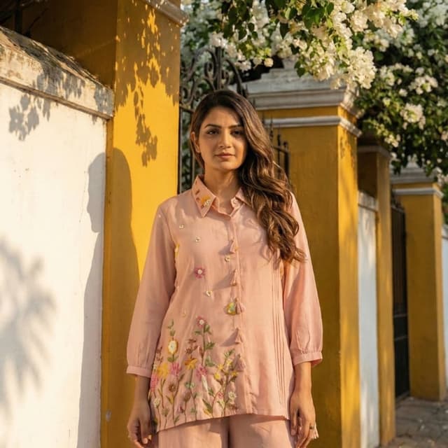 Pale Pink, with accents of various floral colors (yellow, green, pink, and white) Kurta and Palazzo Set