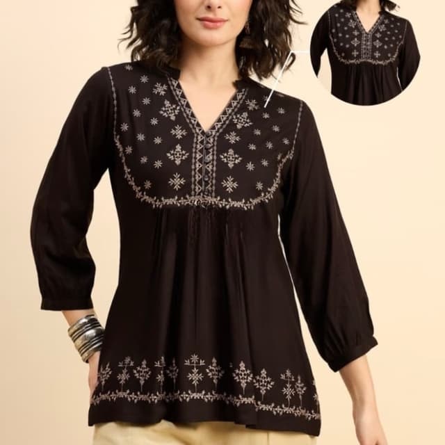 Black with beige embroidery Top