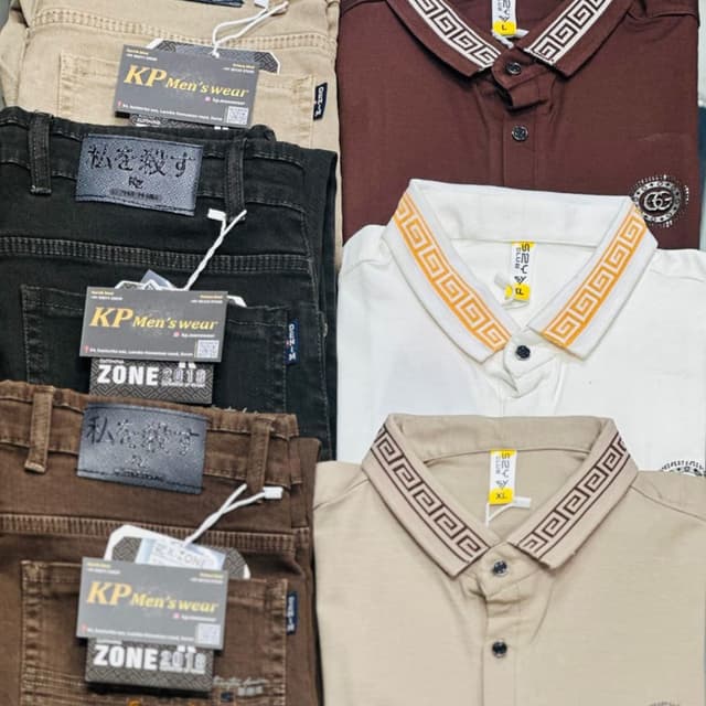 Various shades of brown, black, and beige, with white accents. Shirts and Jeans