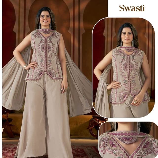 Beige, Pink, Silver Palazzo Suit