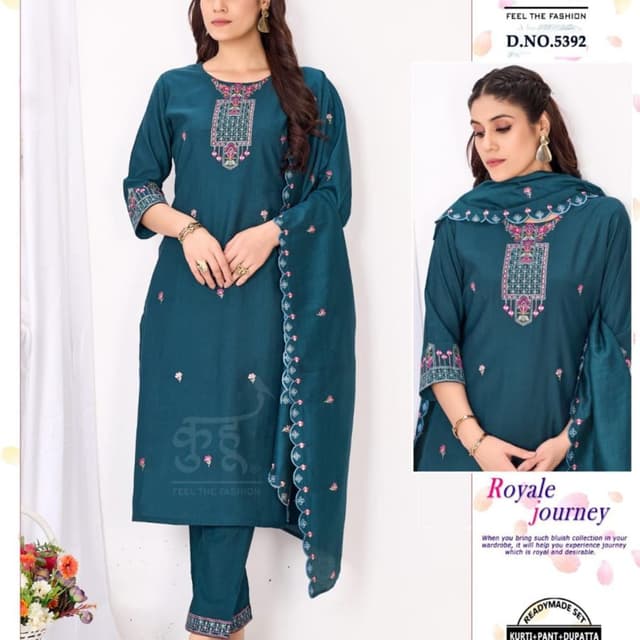 Teal with Pink and Green accents Kurti and Pant Set with Dupatta