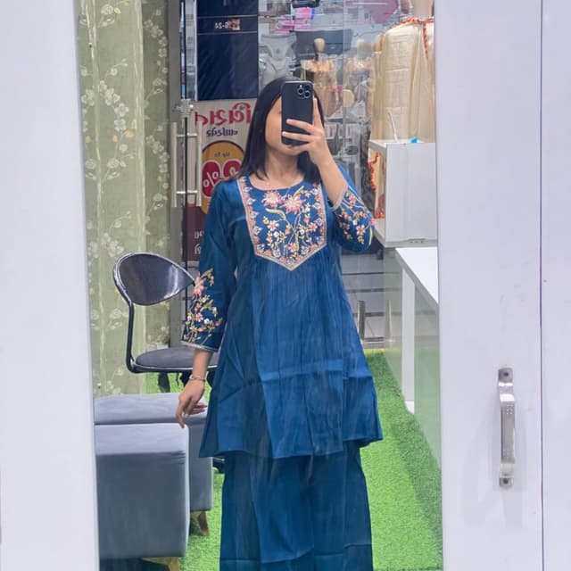 Blue with multicolor embroidery Kurta and Pants Set