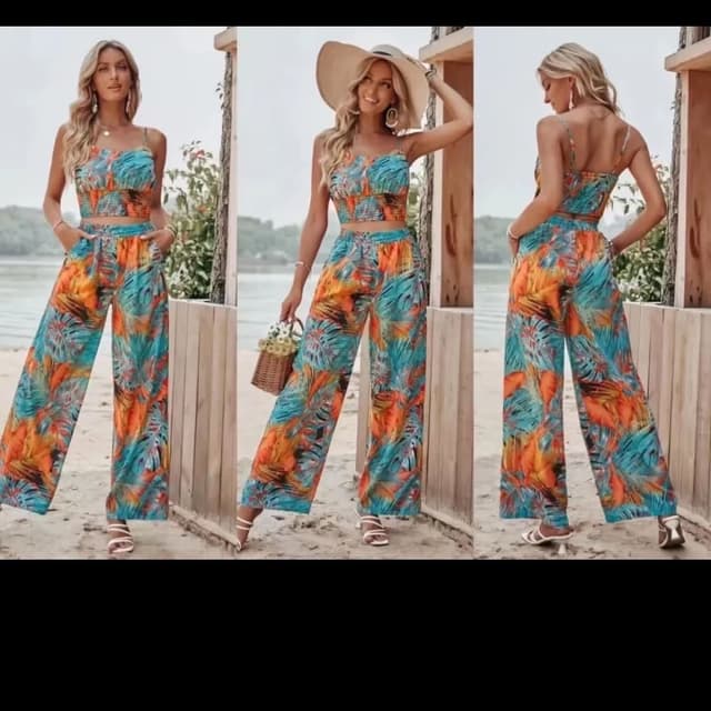 Orange, Teal, Blue Crop top and wide-leg pants set
